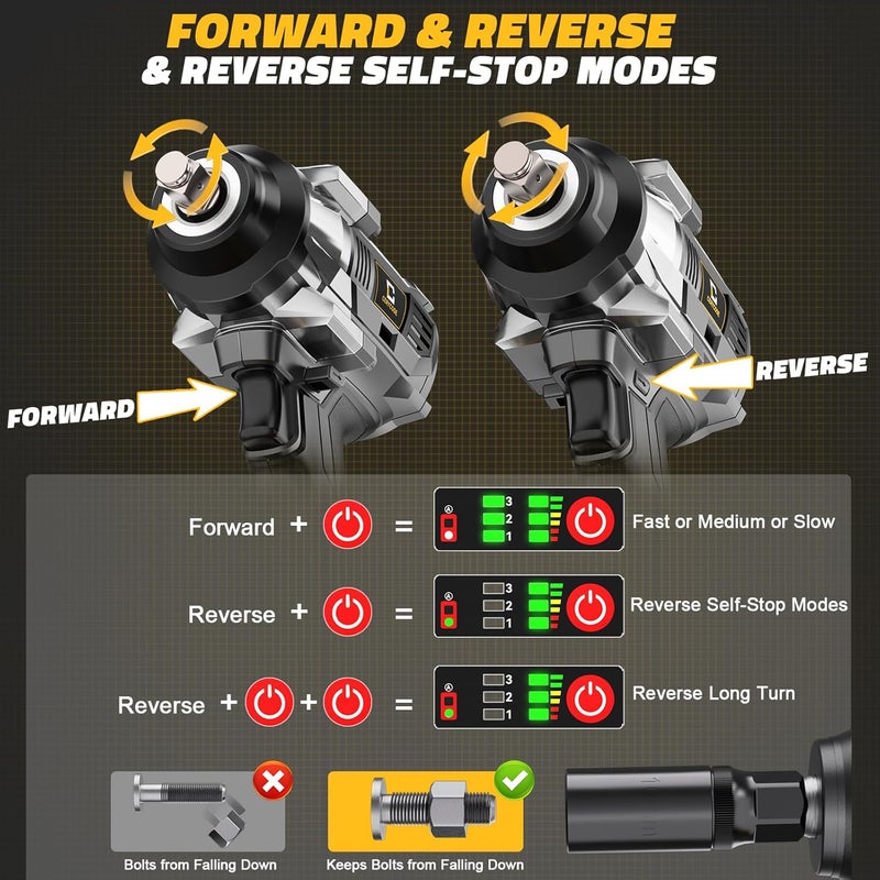 Cerycose Cordless Impact Wrench 1/2 inch Compatible with Dewalt Battery, 1000FT-LBS (1360N.m) Brushless Electric Impact Gun Includes LED Work Light, 2100RPM High Torque Impact Driver, Bare Tool Only - Image 5